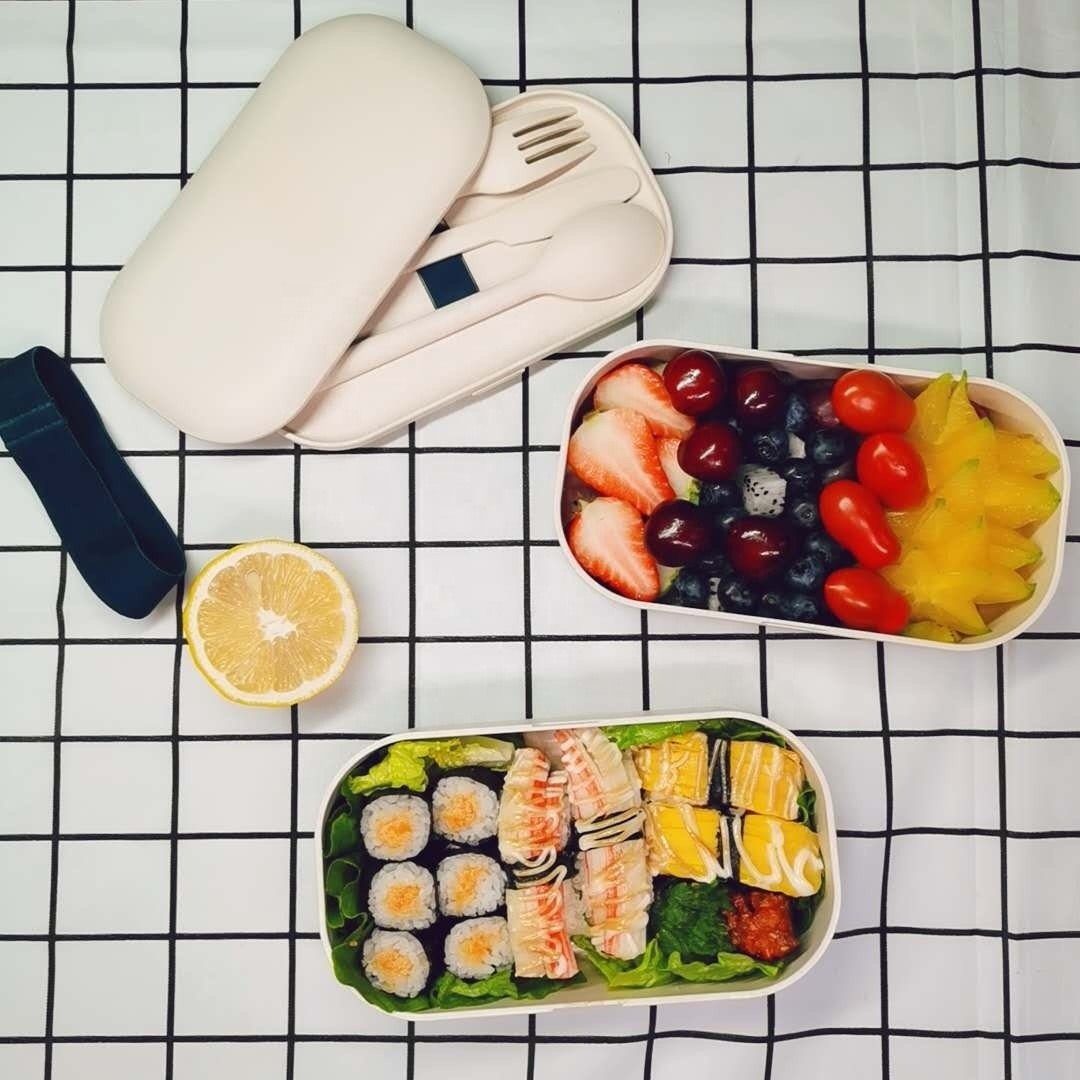 Bamboo Fiber Eco-friendly Dual Tier Lunch Box for Picnic and Outdoor