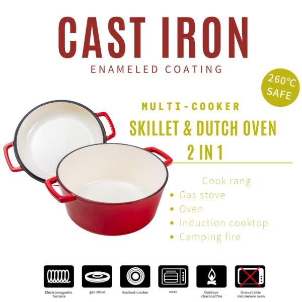 Pink Enameled Pre Seasoned Cast Iron Pan Lid And Dutch Oven 2 In 1