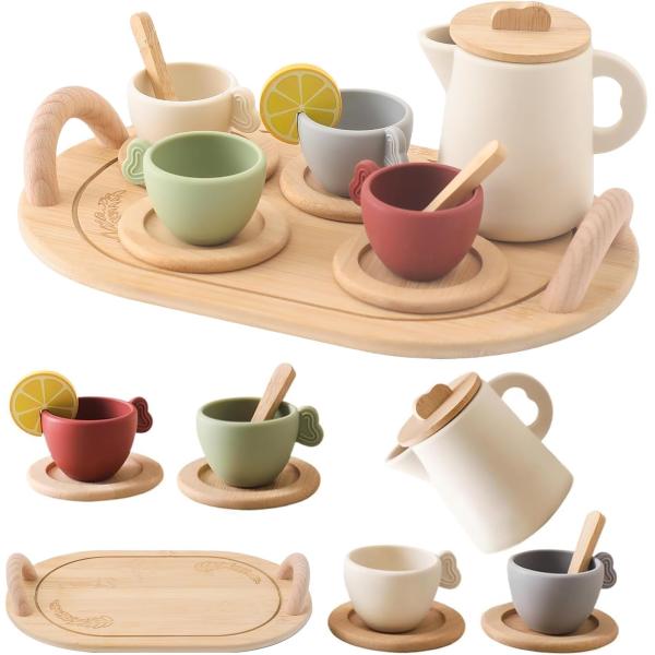 Customized Designs Wooden Tea Set for Kids Cup Lids and Serving Trays