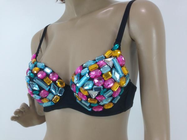 Sexy Colorful Night Club Wear Spandex Beaded Bra Tops With Decorative Rhinestones