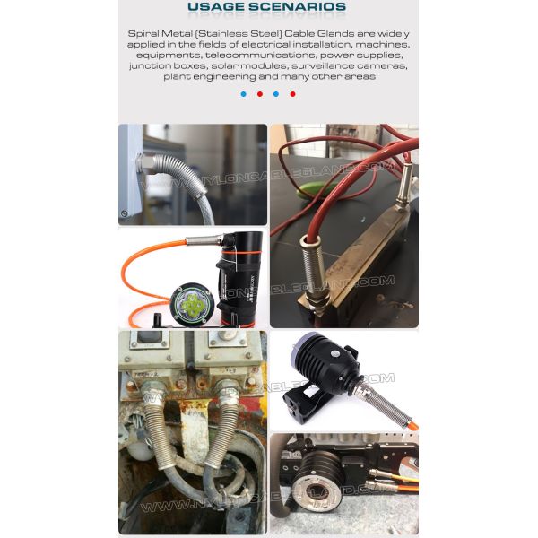 Stainless Steel IP68 Cable Glands, Spiral Strain Relief, Inox 304, 316 or 316L, Metric Pitch, M12~M50