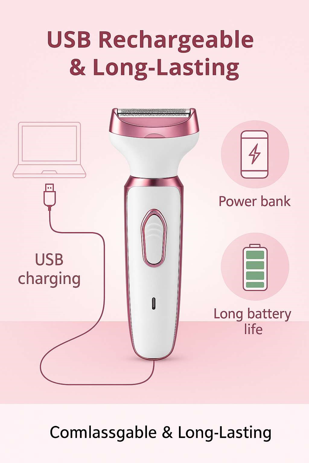 4-in-1 Rechargeable Rotating Disc Electric Razor Women Painless Grooming Kit-Portable Plastic Household Travel Use English