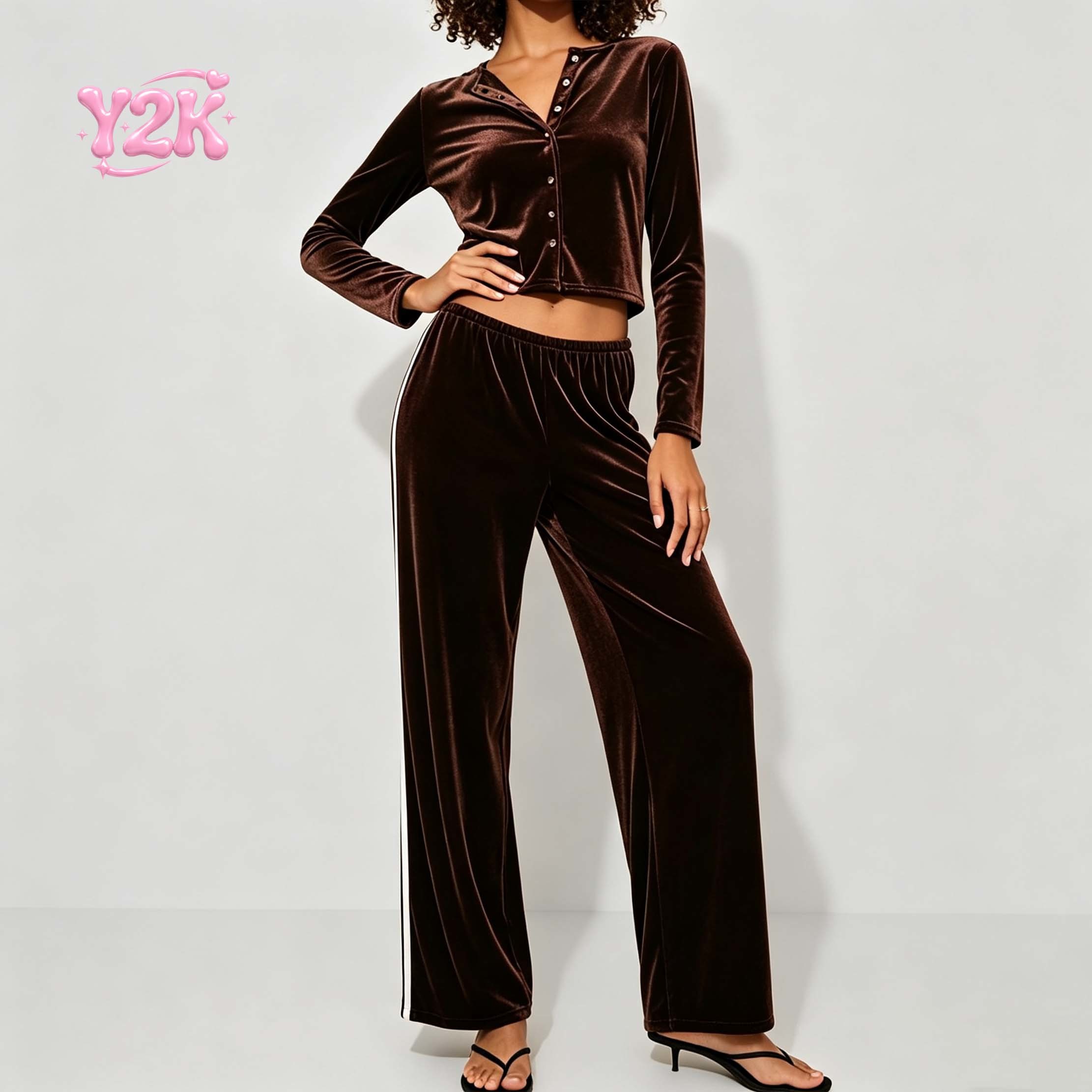 Custom Women's Velvet Henley Top Wide Leg Pants Two Piece Set