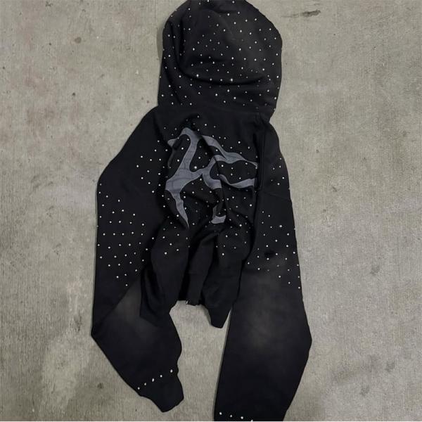 Embroidery Patch Logo Streetwear Hombres Hoodies Rhinestone Sweatshirt con capucha