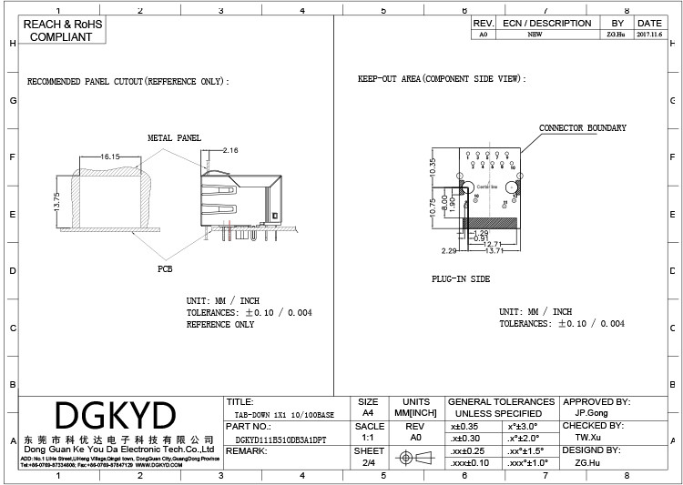 Соединитель RJ45 DGKYD111B510DB3A1DPT одиночный гаван горизонтальный интегрировал штифт POE фильтра трансформатора вниз