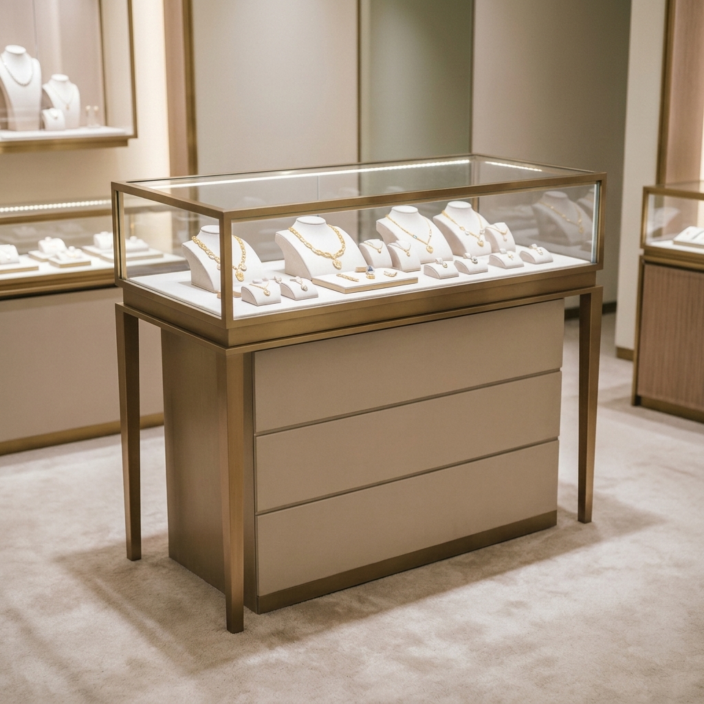 Modern Jewelry Showcase with Tempered Glass Display Case Storage Drawers and Eco-Friendly Island Display Unit