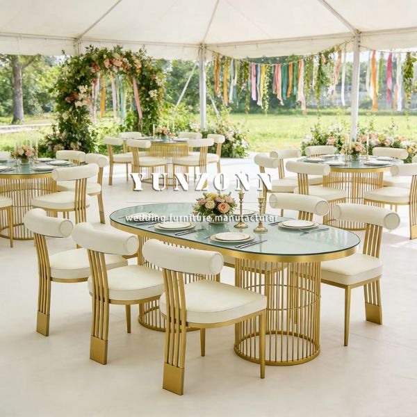 Luxury Stainless Steel Restaurant Banquet Party Modern Dining Wedding Tempered Glass Durable Table