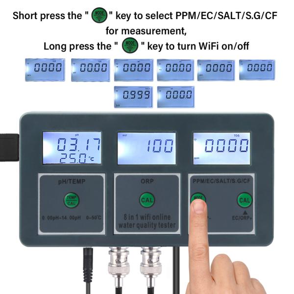 Lab Pool Water Tester Tuya WiFi 8 in 1 Digital PH/TEMP/ORP/PPM/EC/SALT/S.G/CF Testing