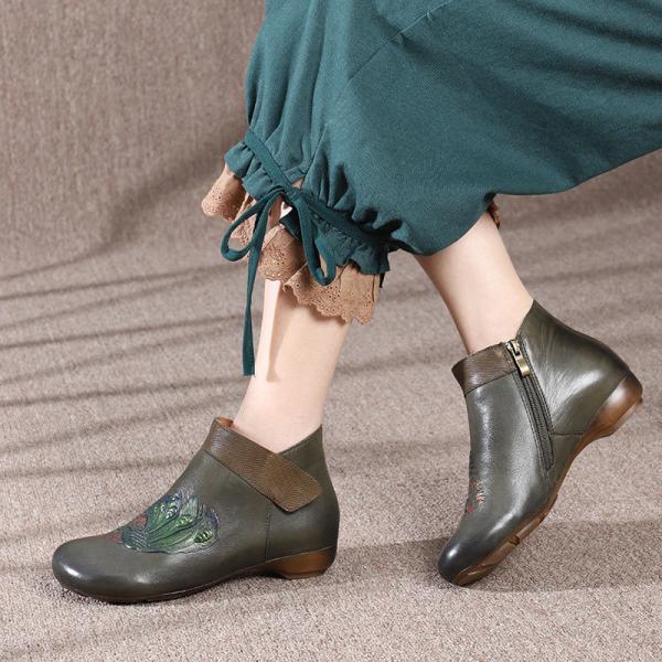 HZM033 Original Folk Style Retro Women'S Boots Autumn And Winter New Style Peacock Embossed Retro Women'S Shoes, Top Lay
