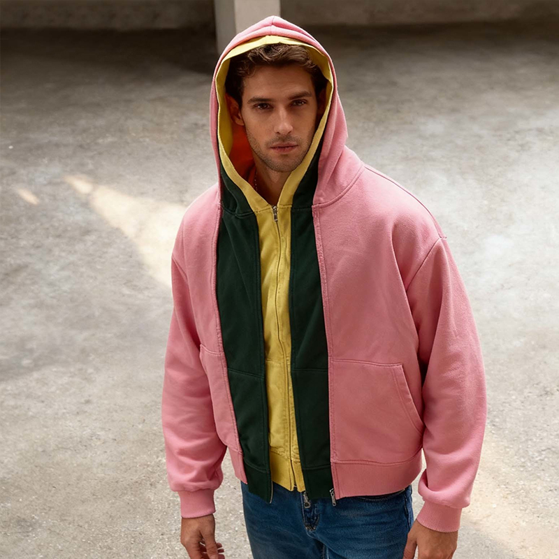 Men’s Color Block Layered Zip-Up Hoodie | Grey Green Yellow Panel Design | Oversized Streetwear