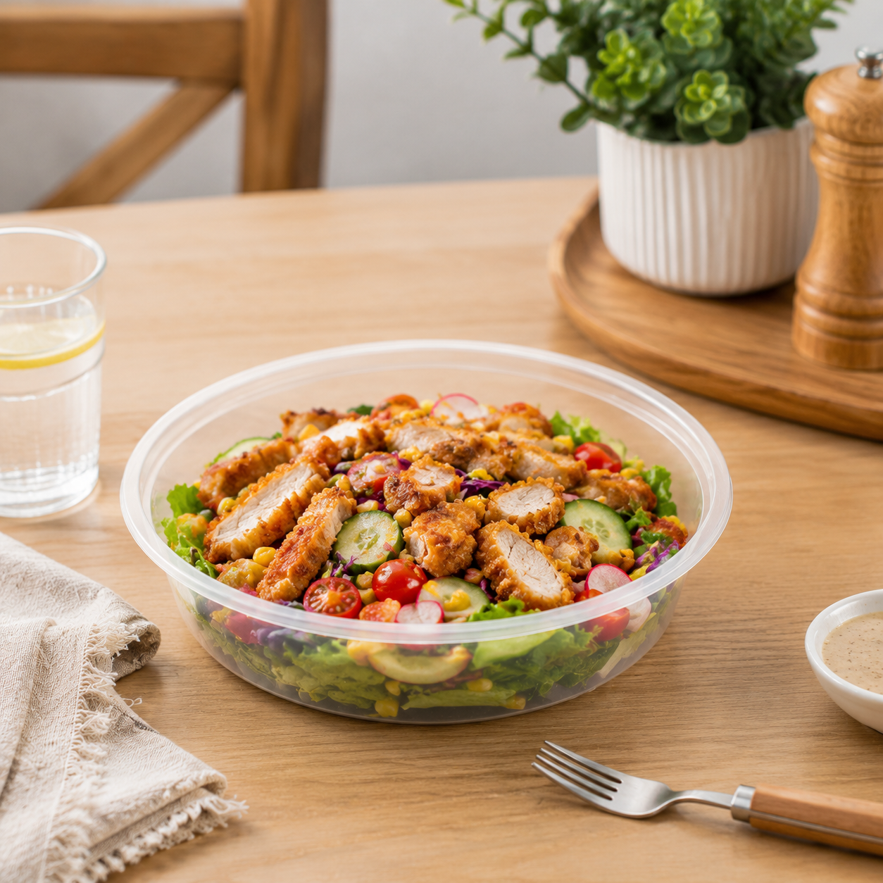 Clear Fitted Lid PP Plastic Serving Bowl Wide Shallow Disposable 2000ml