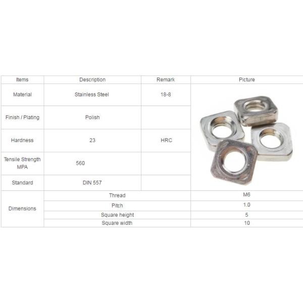 Machinery Industry Stainless Steel Square Nuts For Bolt Screws M6 DIN 557