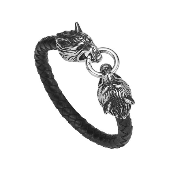 Hot Sales PU Leather Stainless Steel Double Wolf Heads Bracelet