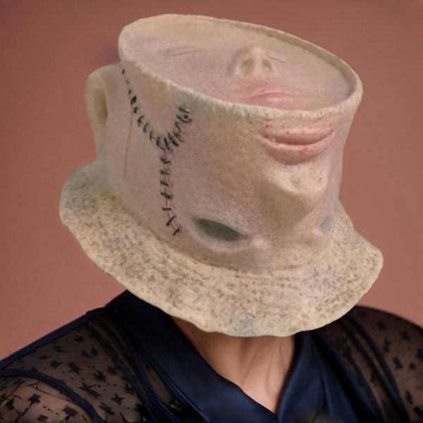Surreal Human Face Bucket Hat Mask, Novelty Creepy Upside Down Face Mask with Stitches, Weird Art Props for Cosplay Costume Party