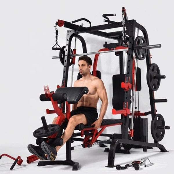 Indoor Black Red Power Gym Equipment with Adjustable Squat Rack and Lat Pull Down