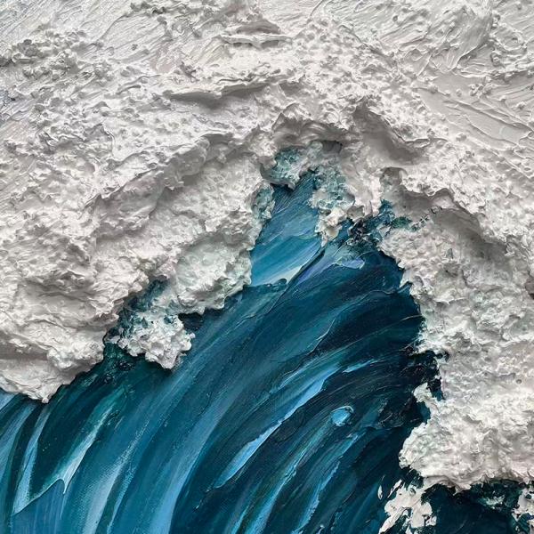 Peinture à l'huile peinte à la main au bord de la mer avec des vagues bleues de l'océan