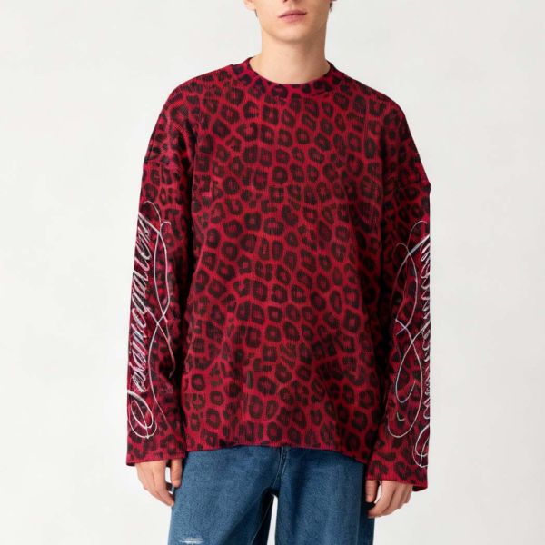 Custom Classic Waffle Weave Crewneck Graphic Tee Top Screen Printed Heavy Cotton Boxy Leopard T Shirt Long Sleeve for Men