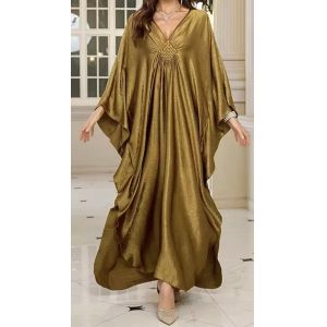 Plus Size Women's Fashion Printed Back Slit Long Dress, European and American Style V-Neck Pleated Dress, Fashionable Vacation Style Long Dress