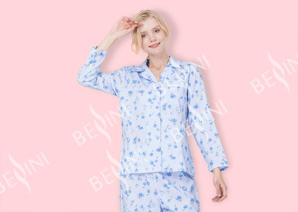 Ladies Brushed Printed Polyester Cotton Button Through Long Sleeve Top Lace Pocket and Long Pants Elastic Waistband