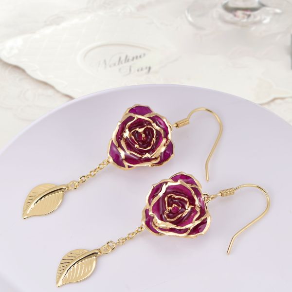 Rose Earrings 24k Gold Dipped Roses Gifts Valentine Day Holiday Everlasting Flowers