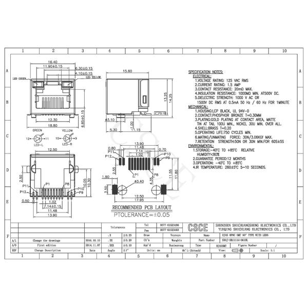 Tab Up SMT RJ45 Connector 1 * 1 Port Storage Temperature ﹣40℃ To +85℃