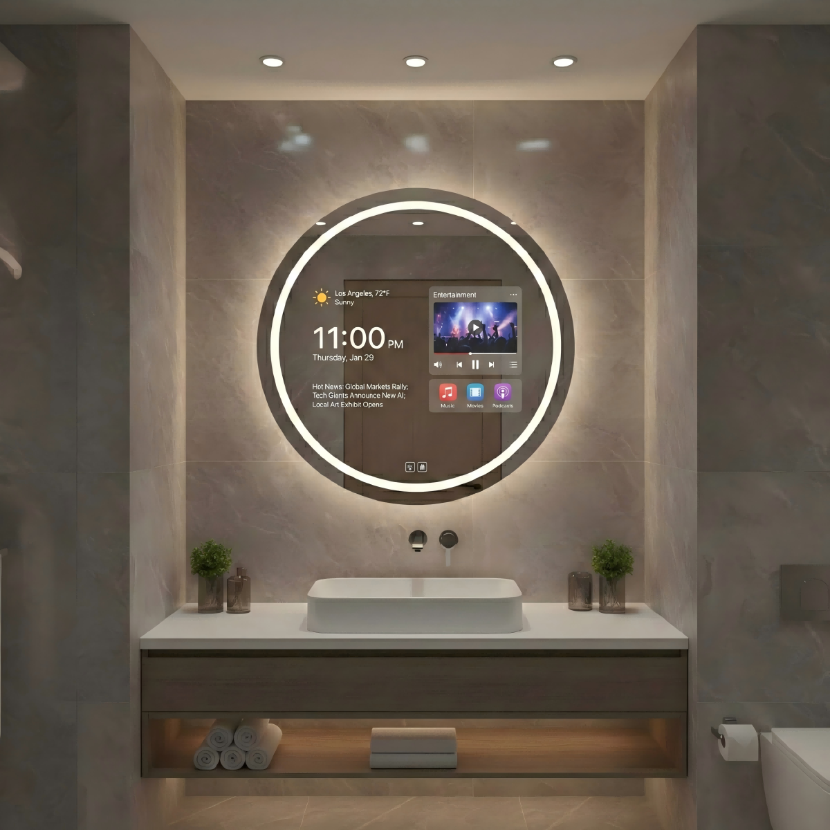 Kingstin Smart Series: Frameless Round Smart Mirror with Integrated Android System & Anti-Fog Technology