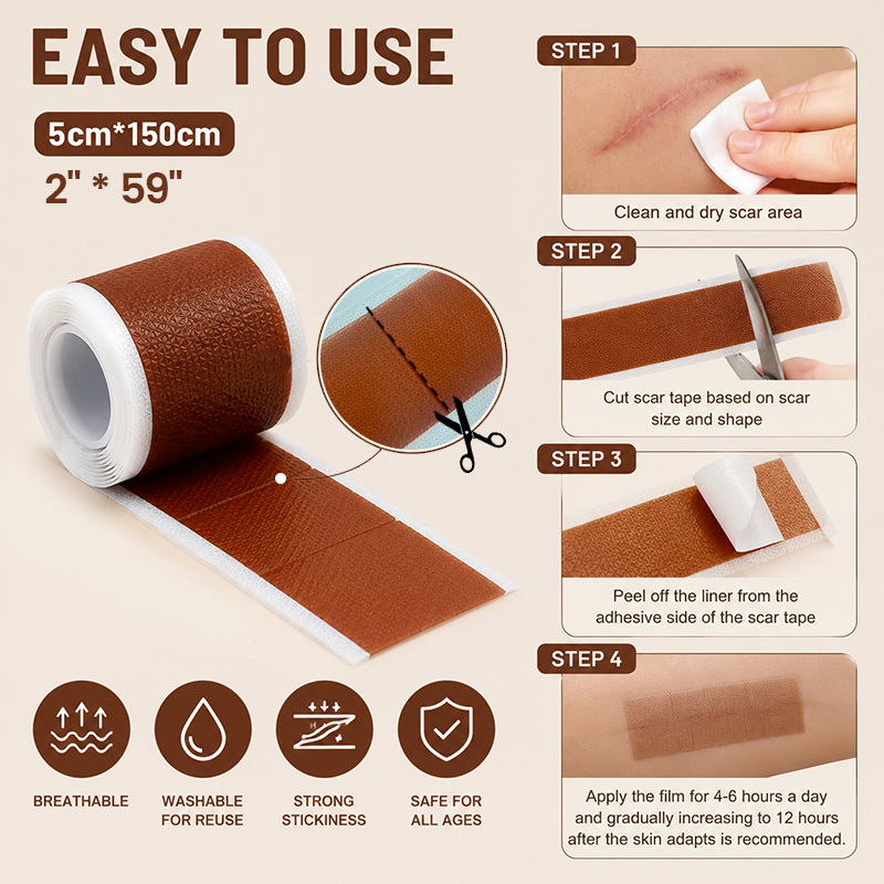 Brown Silicone Gel Scar Tape Rolls in 1.5 m and 5 m Lengths