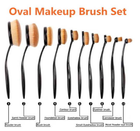 Cosmetics Full Makeup Brush Set , 10 Piece Oval Toothbrush Makeup Brushes