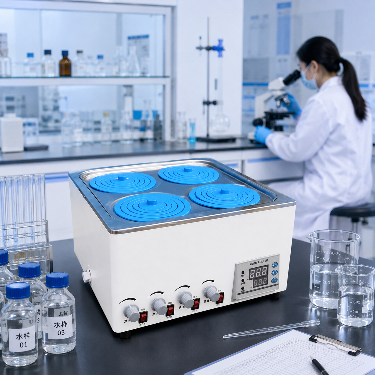 Cenlee 4-Hole Thermostatic Magnetic Stirrer Water Bath, 0-2400rpm 304 Stainless Steel for Chemical Research and Sample Heating