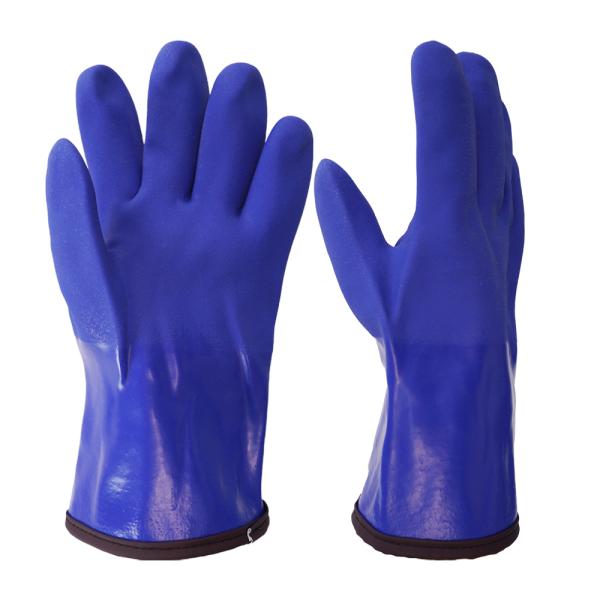 Blue PVC Winter Work Chemical Gloves Warm Fleece Liner Textured Grip 30cm Safety Gloves