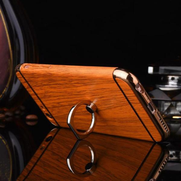 Hard PC Retro Wood Triple Plating Border Ring Buckle Bracket Cover Cell Phone Case Cover For iPhone 6 6s Plus