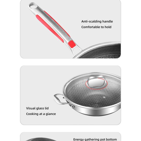 Wholesale Honeycomb Non Stick Fry Pan Cooking Pot 18/10 Stainless Steel Wok Pan With Glass Cover