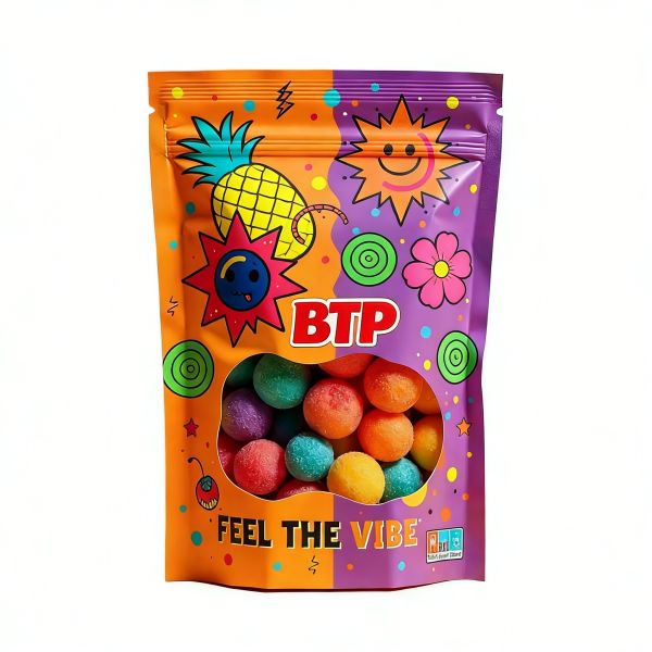 Custom Vibrant Pop-Art Candy Stand-Up Pouches Food-Grade Clear Window for Snack Display