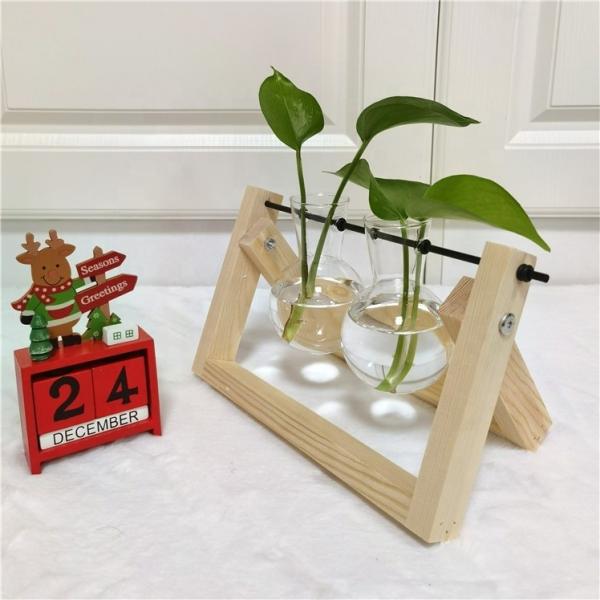 Wholesale Plant Terrarium with Wooden Stand Bulb Glass Vase Retro Tabletop for Hydroponics Home Garden Office Decoration
