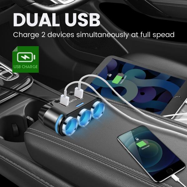 YANTU B39 Portable Wired Charger Mini Car Charger Phone Charger 3 Socket 2 USB Cigarette Lighter for Car