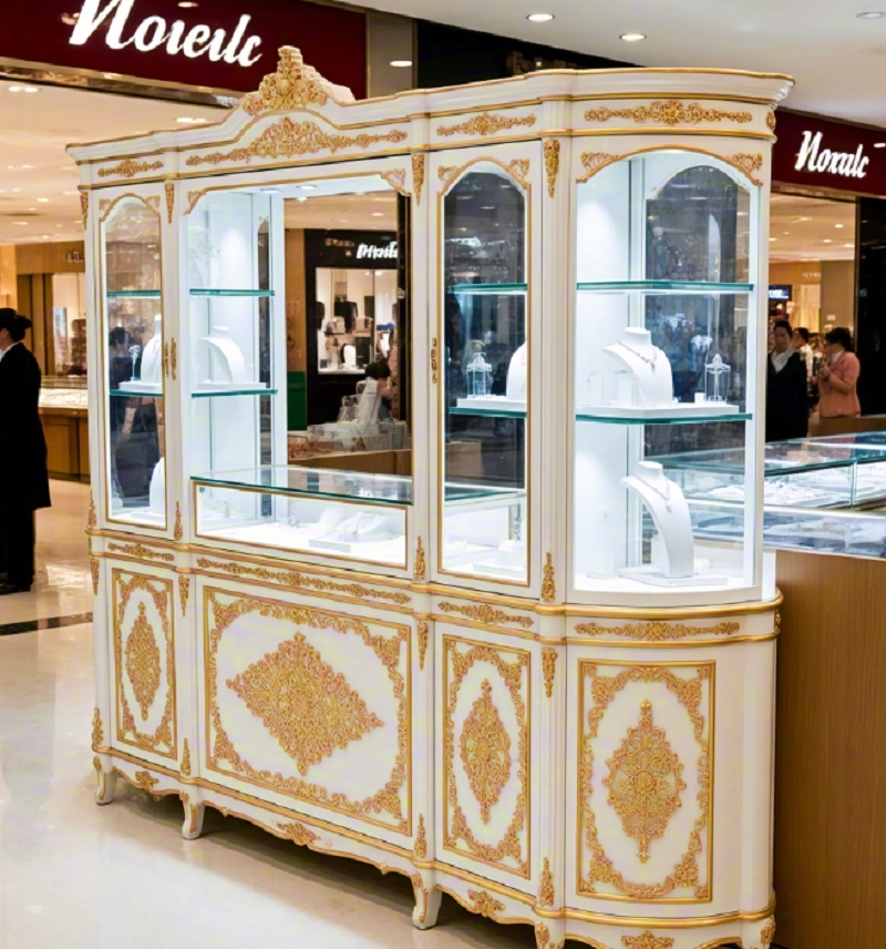 French Baroque Tall Jewelry Display Cabinet | White Gold Carved Wood | LED Glass Showcase for Retail Store & Mall