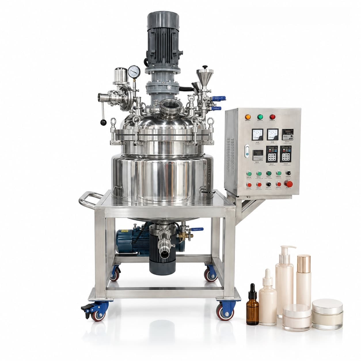 Cosmetic Lotion Vacuum Homogenizing Emulsifier Mixer Small Scale Fixed
