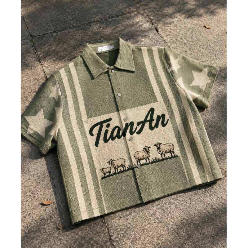 Tianan Hot Supplier Brand Custom Casual Knit Jacquard Vintage Streetwear Men's Oversized Cotton Shirt