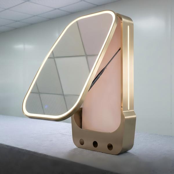 Kingstin Custom Smart LED Bathroom Mirror with Storage, Anti-Fog, Dimmable, Time Display, Gold Aluminum Frame