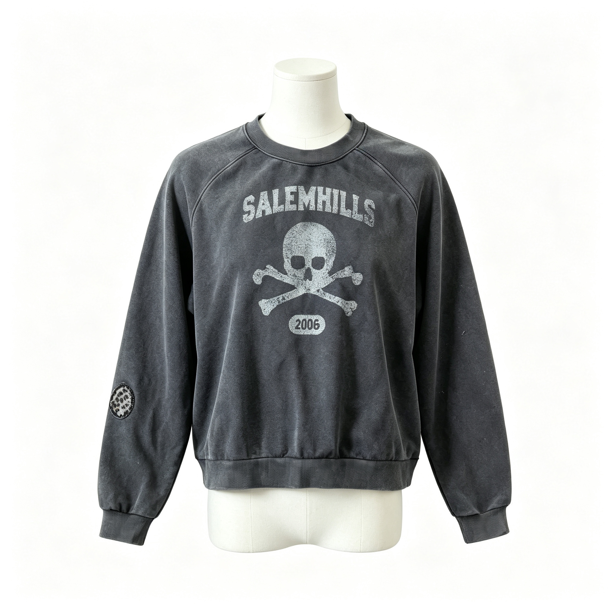 Vintage Washed Raglan Crewneck Sweatshirt Skull Graphic Cropped Streetwear