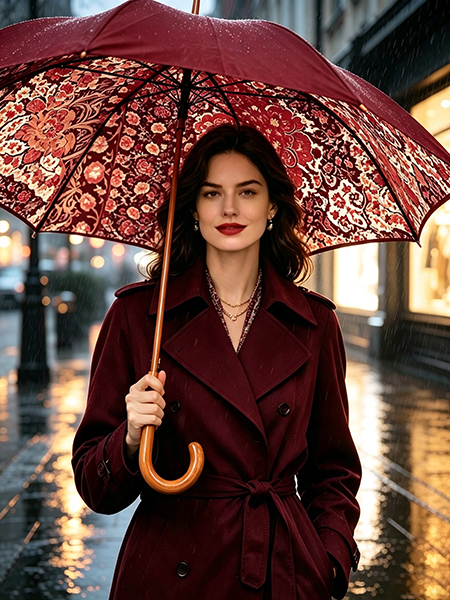 Regal Lady 46-inch Double-Layer Umbrella with Solid Wood Shaft and UV-Resistant Fabric