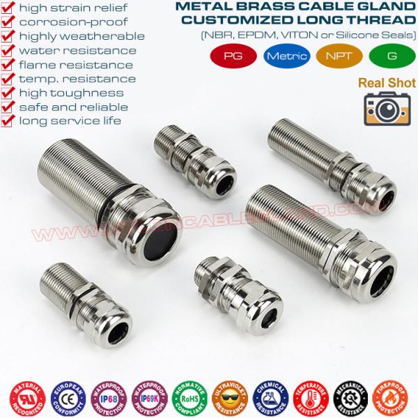 Long Thread Cable Gland, IP68/IP69K Brass Metal Cable Glands with Extralong Thread PG7~PG48 & M12~M63 for Thick Panel