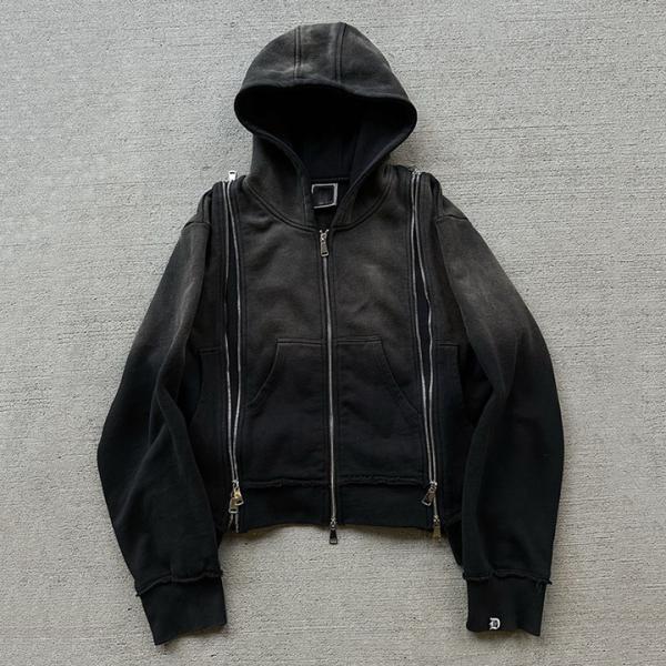 Triple fermeture à glissière sur mesure Poids lourd Français Terry décoloré Acide Wash Hoodie