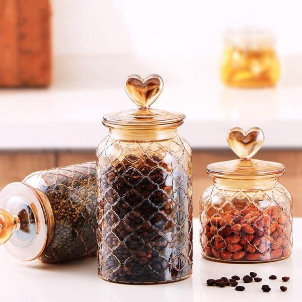 Heart shaped lid, glass jar, sealed jar, colored storage jar, household flower tea storage, candy and snack jar