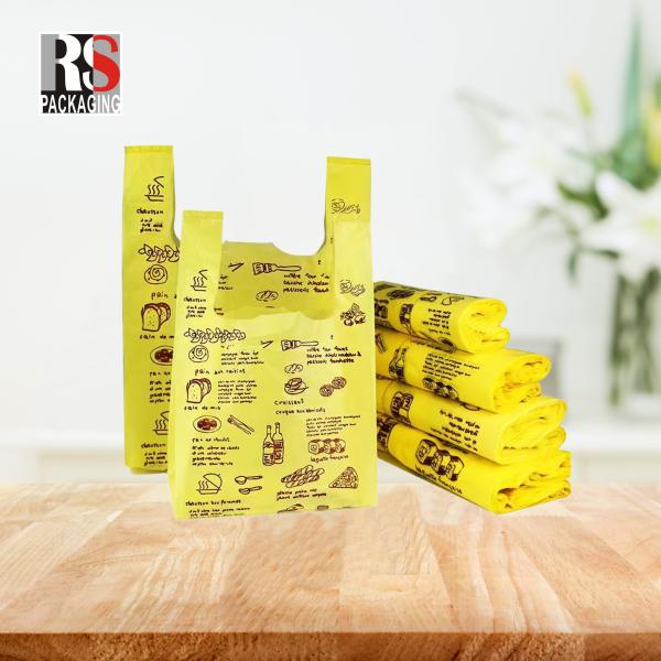 T-Shirt reciclado con mango de parche Bolsas de plástico para tiendas de comestibles Color personalizado