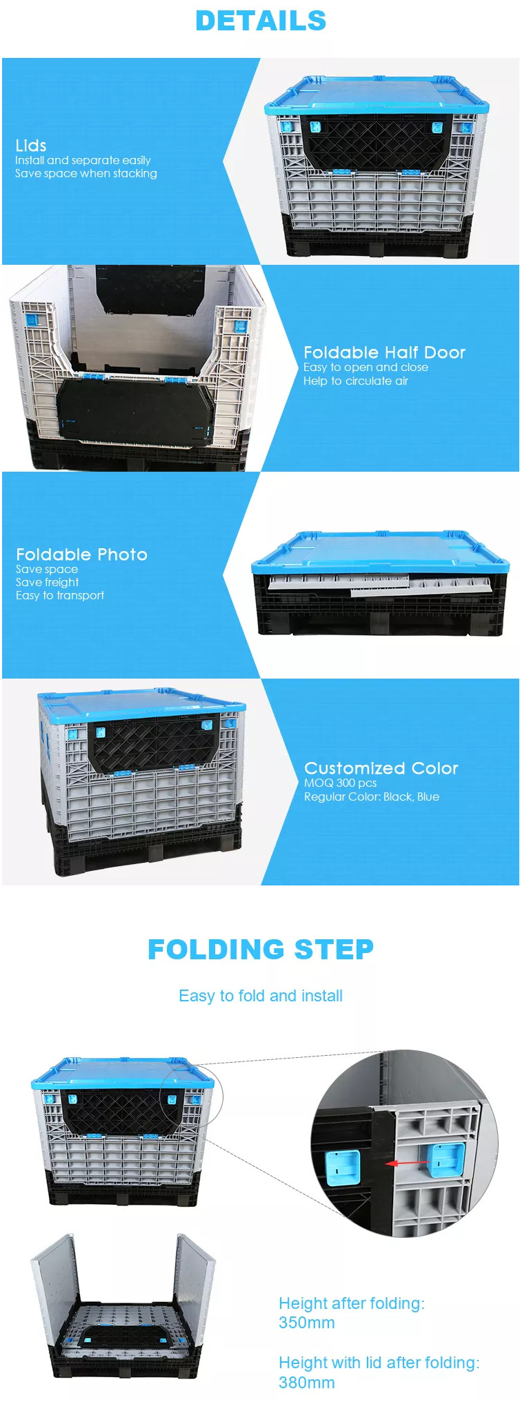 Евро HDPE склада коробка паллета промышленного большого складная пластиковая Stackable