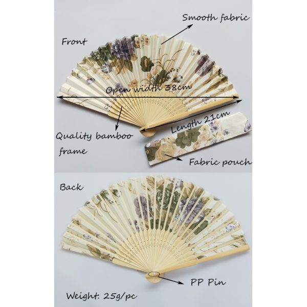 21cm Japanese Bamboo Satin Fabric Fans With Gift Pouch Wedding Favor Custom Printed Folding Fan