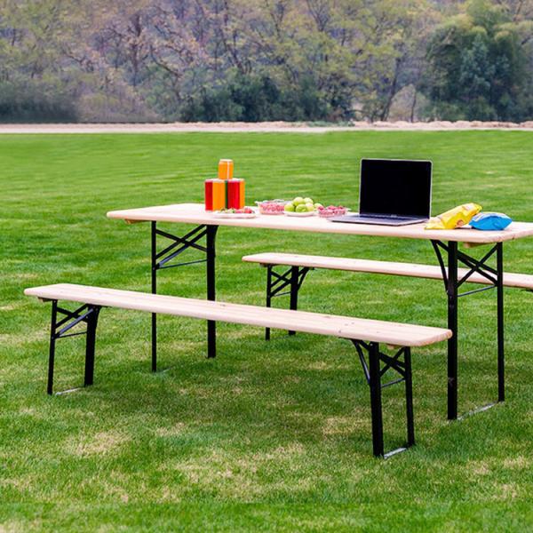 Outdoor Portable Patio Bar Solid Wood Rectangular Folding Table and Benches Chair Set