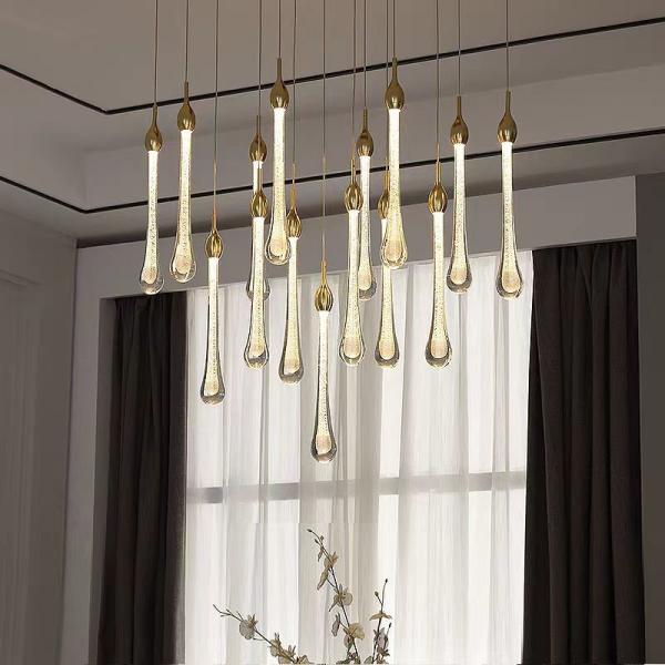 Modern Simple Crystal Water Drop Stairwell Chandelier 3200-6500K Three Colors Change Light For Duplex Hotel Restaurant Villa