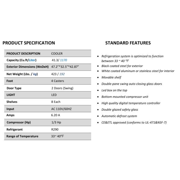 48 Inch Two Glass Door Refrigerator Commercial Merchandiser 115V 60HZ